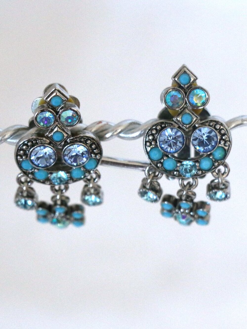 Vintage blue turquoise and Aurora Borealis crystal earrings from Kirk’s Folly